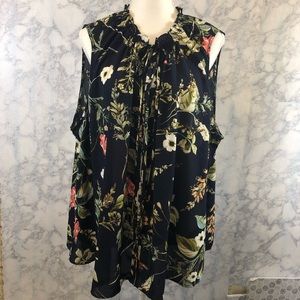 Navy Blue Sleeveless Blouse With Floral Print EUC
